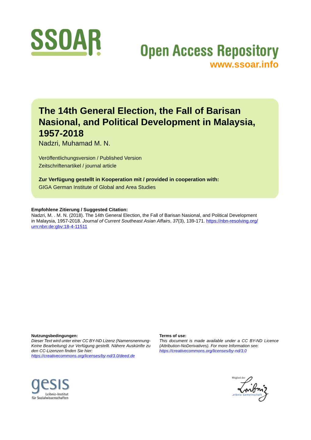 The 14Th General Election, the Fall of Barisan Nasional, and Political Development in Malaysia, 1957-2018 Nadzri, Muhamad M