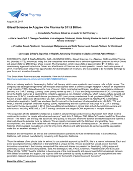 Gilead Sciences to Acquire Kite Pharma for $11.9 Billion