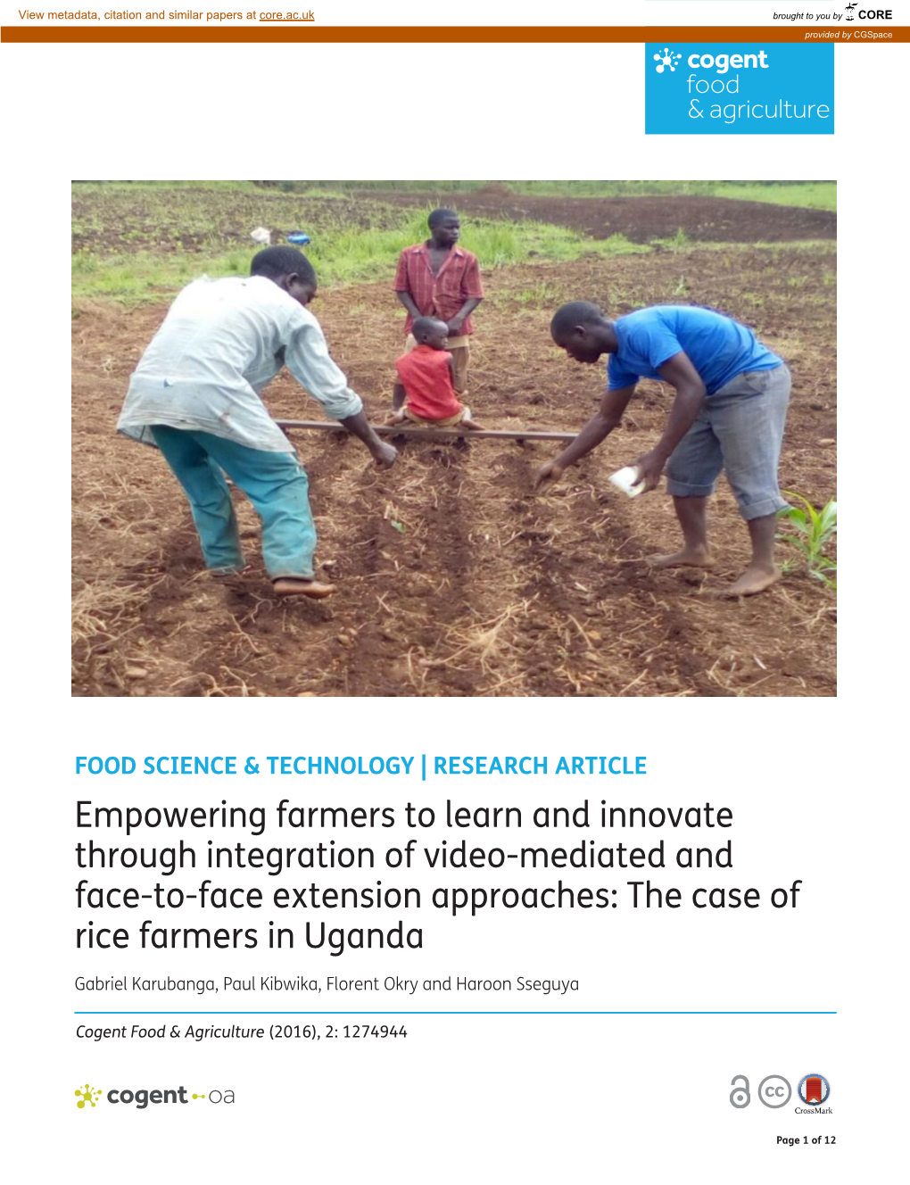 Empowering Farmers to Learn and Innovate Through Integration of Video-Mediated and Face-To-Face Extension Approaches: the Case of Rice Farmers in Uganda