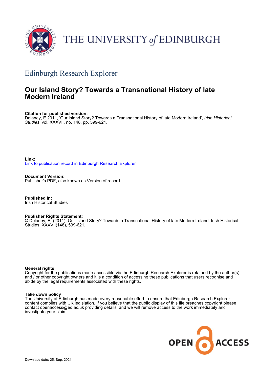 Towards a Transnational History of Late Modern Ireland', Irish Historical Studies, Vol