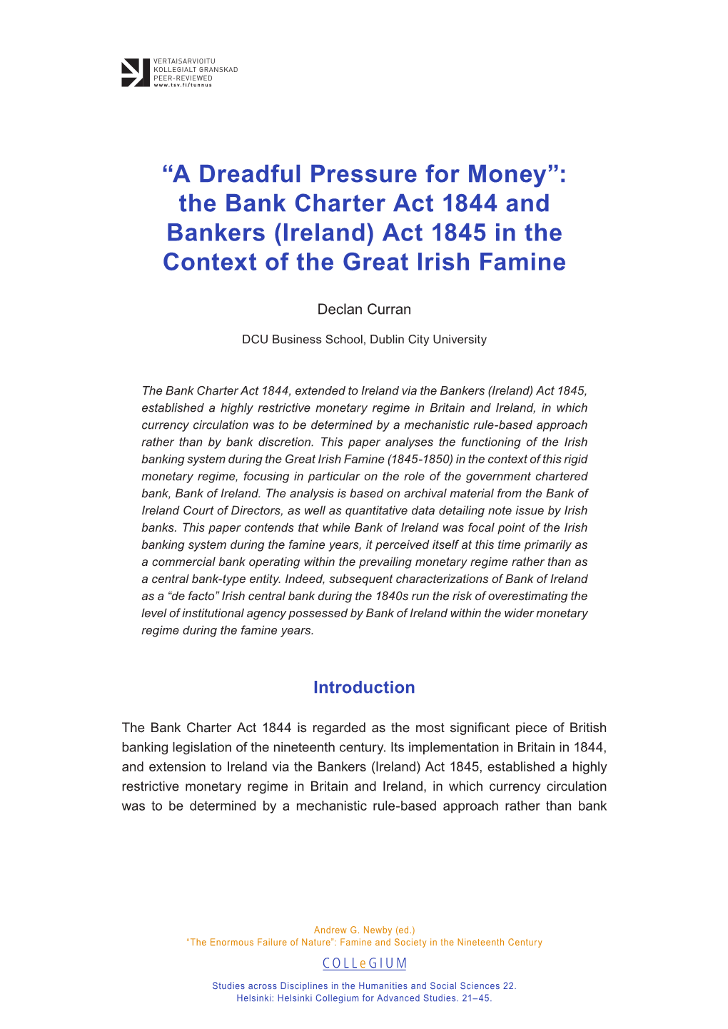 The Bank Charter Act 1844 and Bankers (Ireland) Act 1845 in the Context of the Great Irish Famine