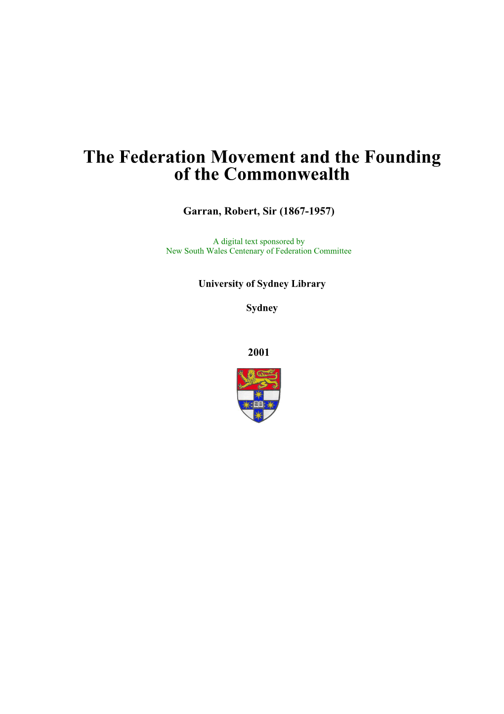 The Federation Movement and the Founding of the Commonwealth