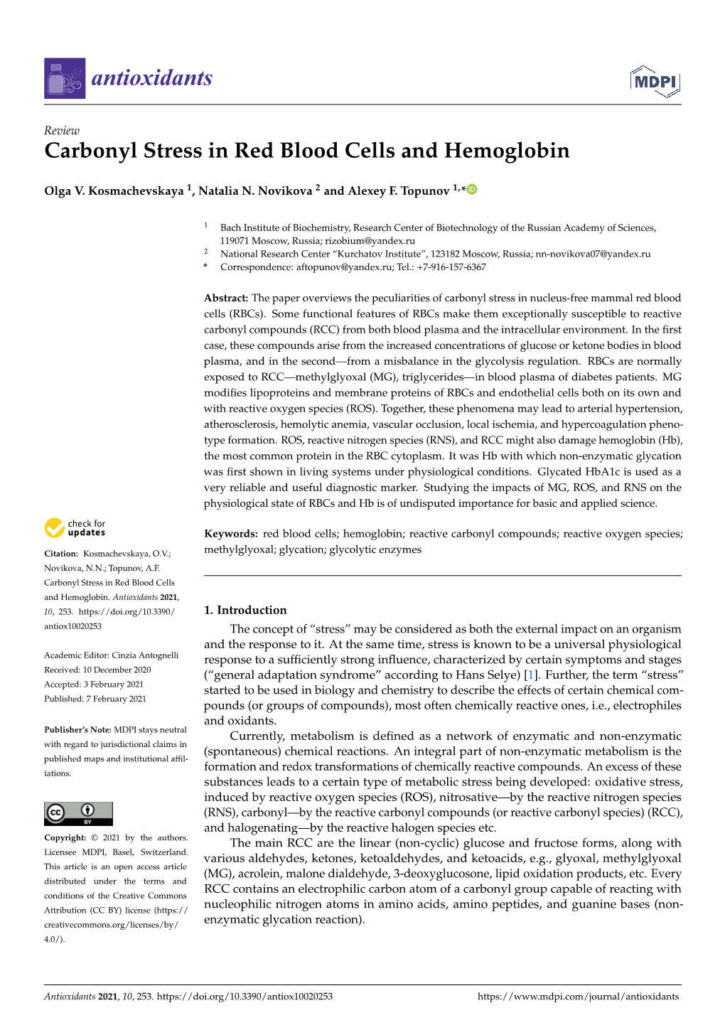 Carbonyl Stress in Red Blood Cells and Hemoglobin