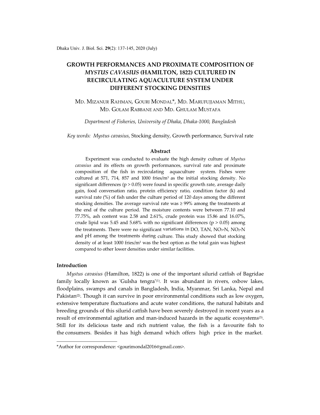 Hamilton, 1822) Cultured in Recirculating Aquaculture System Under Different Stocking Densities