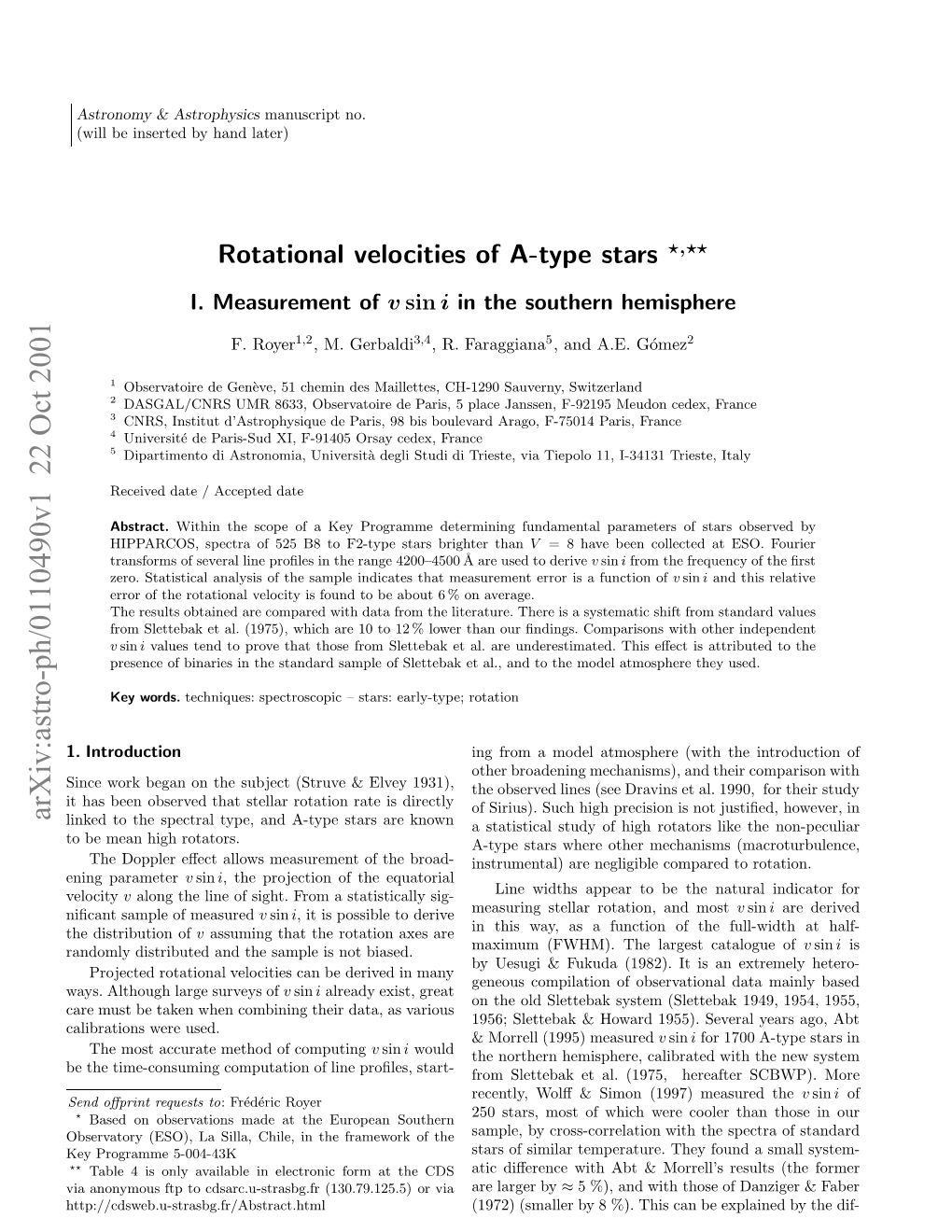 Rotational Velocities of A-Type Stars I. Measurement of Vsini in the Southern Hemisphere