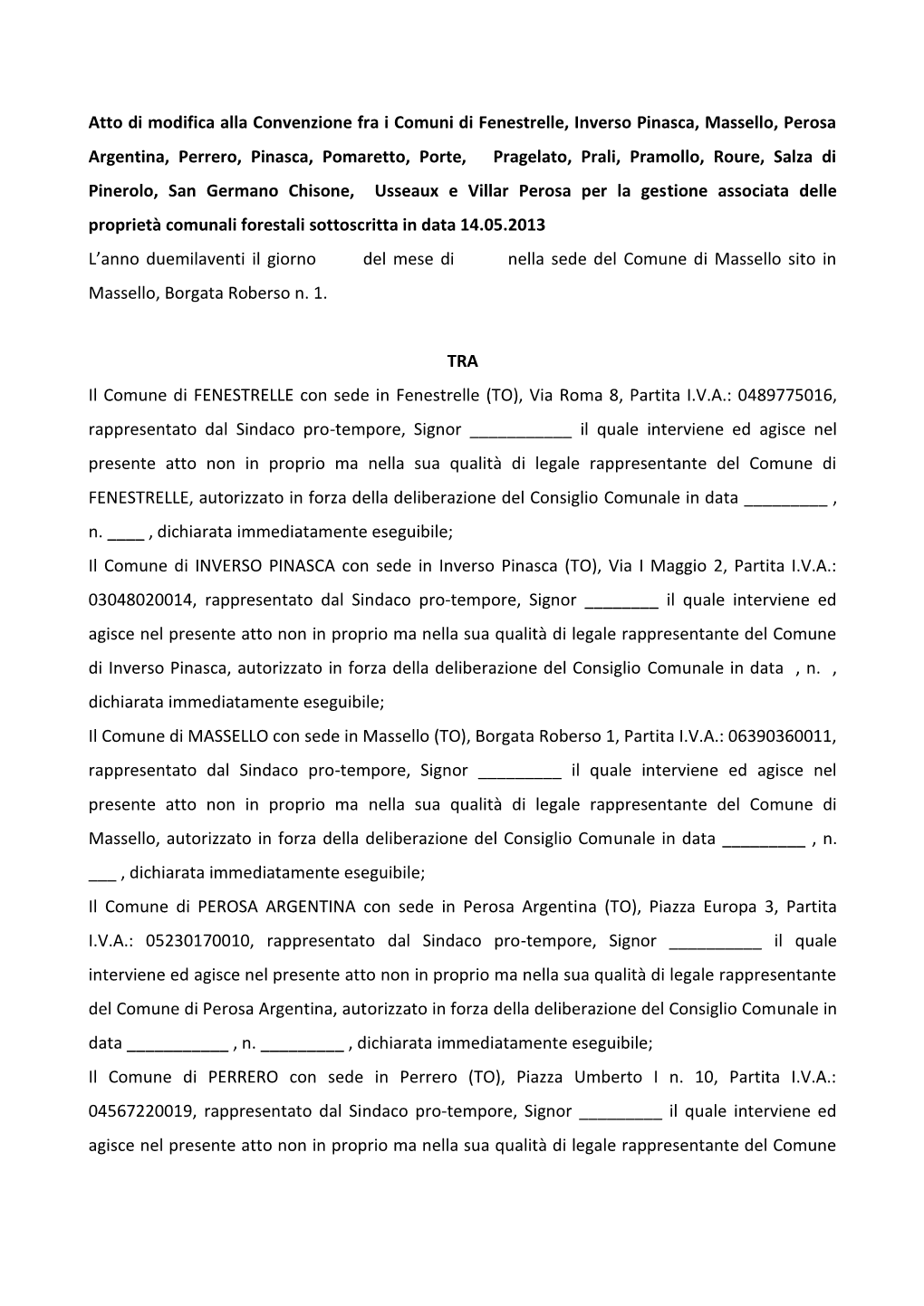 Atto Di Modifica Alla Convenzione Fra I Comuni Di Fenestrelle, Inverso