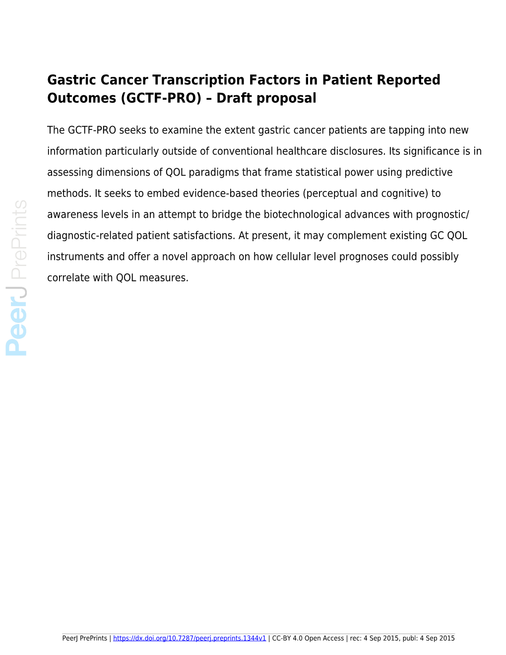 Gastric Cancer Transcription Factors in Patient Reported Outcomes (GCTF-PRO) – Draft Proposal