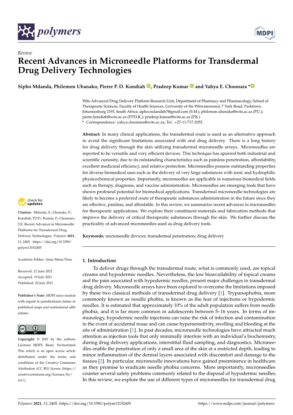 Recent Advances in Microneedle Platforms for Transdermal Drug Delivery Technologies