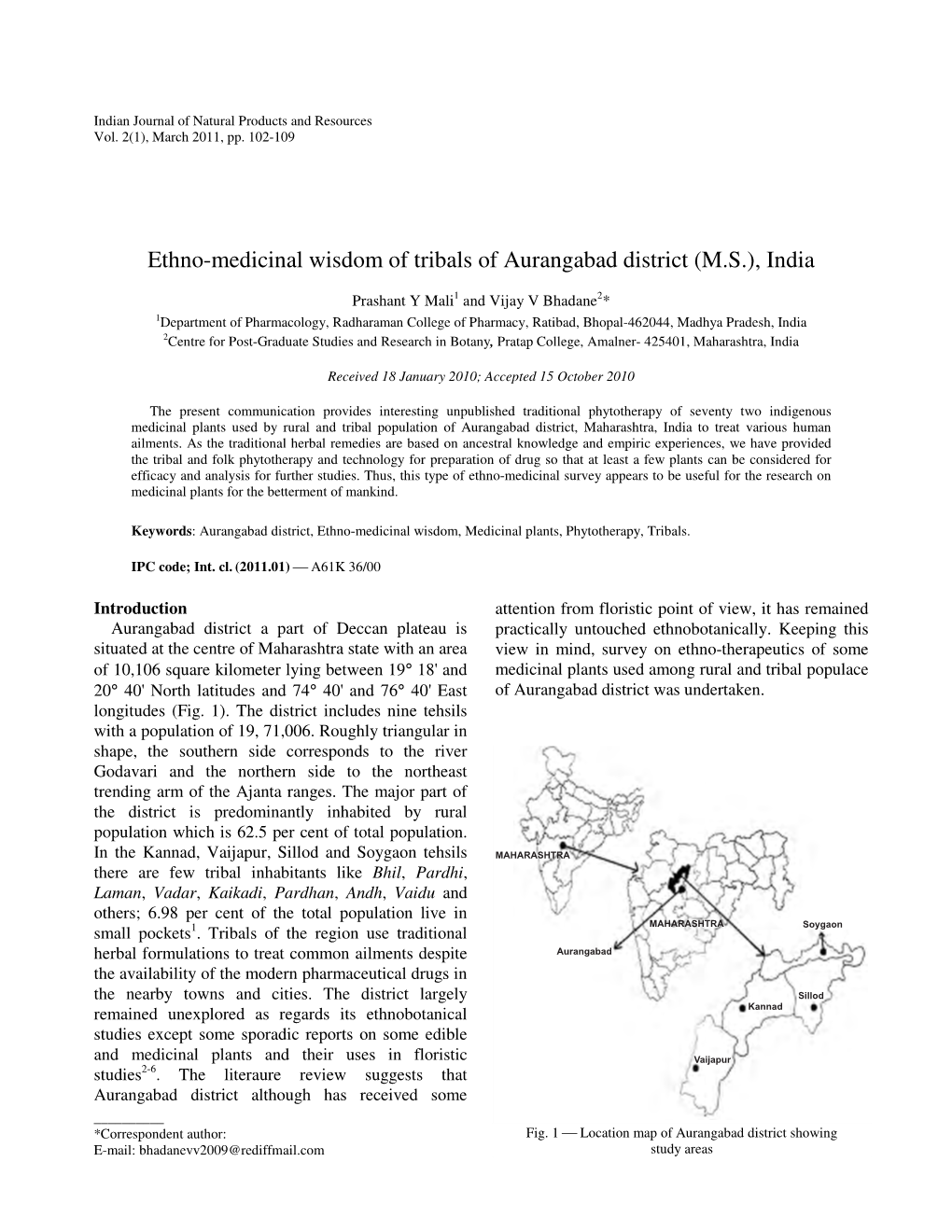 Ethno-Medicinal Wisdom of Tribals of Aurangabad District (M.S.), India