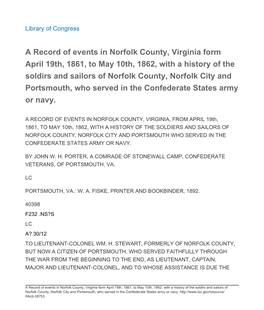 A Record of Events in Norfolk County, Virginia Form April 19Th, 1861, To