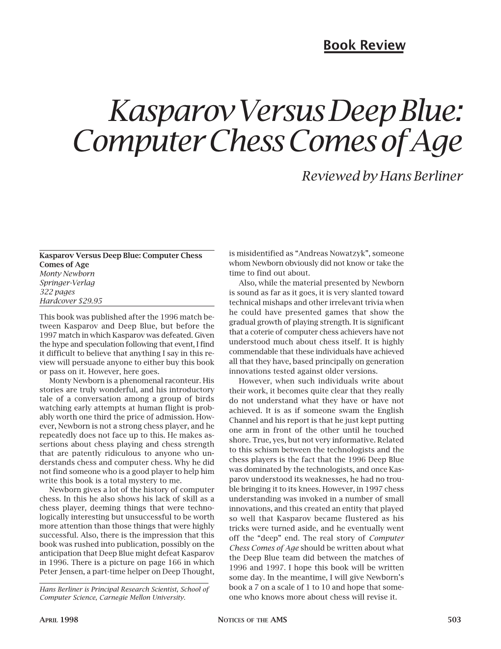 Kasparov Versus Deep Blue: Computer Chess Comes of Age Reviewed by Hans Berliner