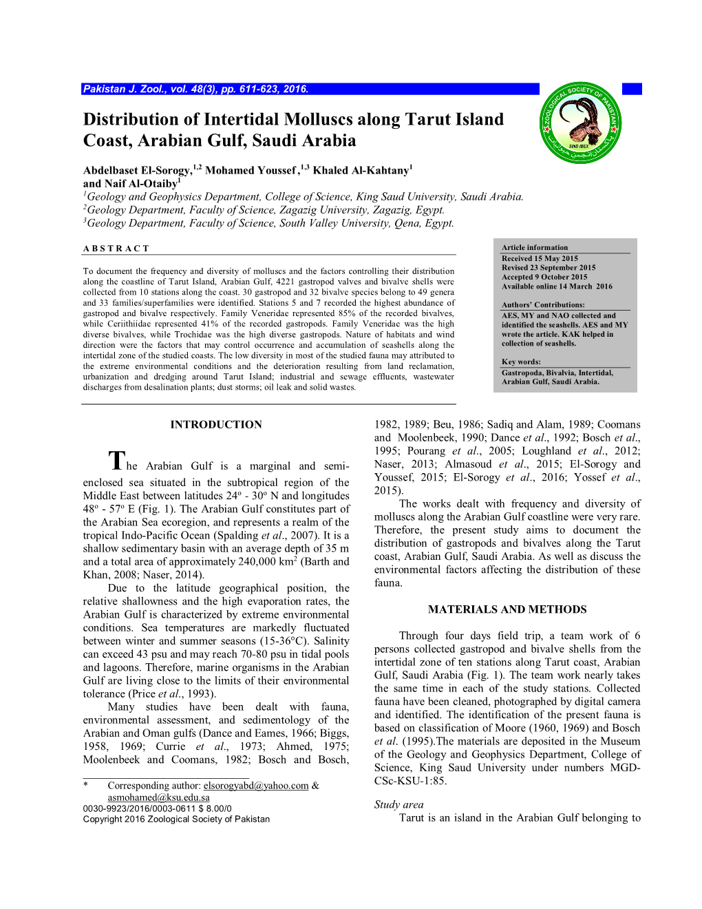 Distribution of Intertidal Molluscs Along Tarut Island Coast, Arabian Gulf, Saudi Arabia