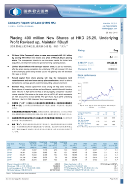Placing 400 Million New Shares at HKD 25.25, Underlying Profit