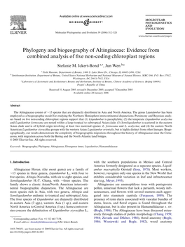 Phylogeny and Biogeography of Altingiaceae: Evidence from Combined Analysis of Wve Non-Coding Chloroplast Regions