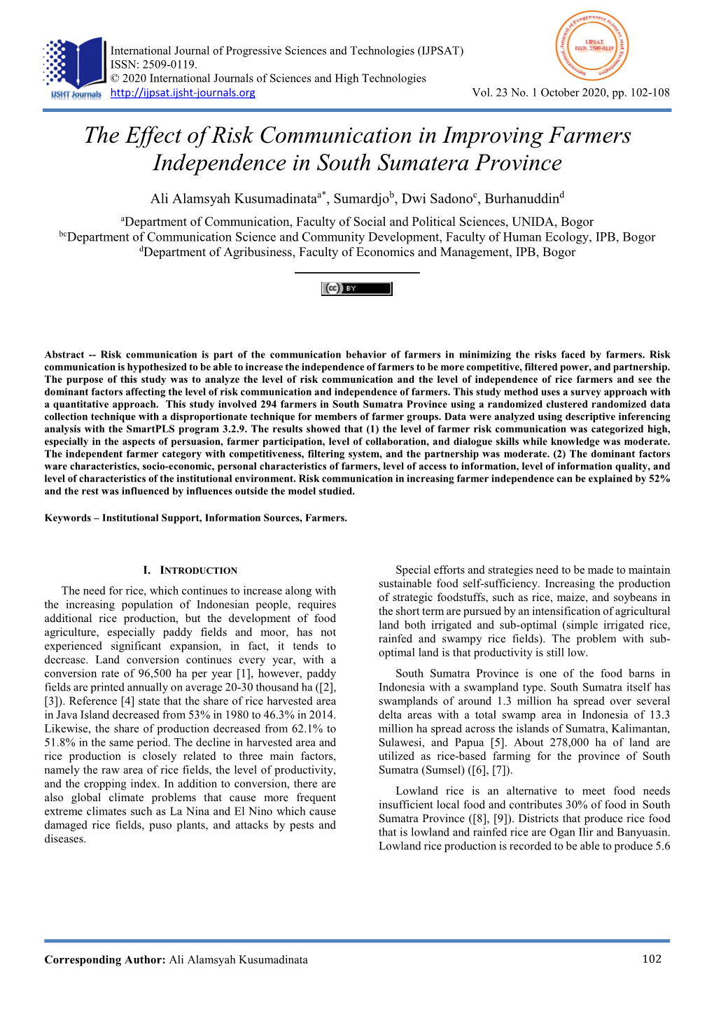 The Effect of Risk Communication in Improving Farmers Independence in South Sumatera Province