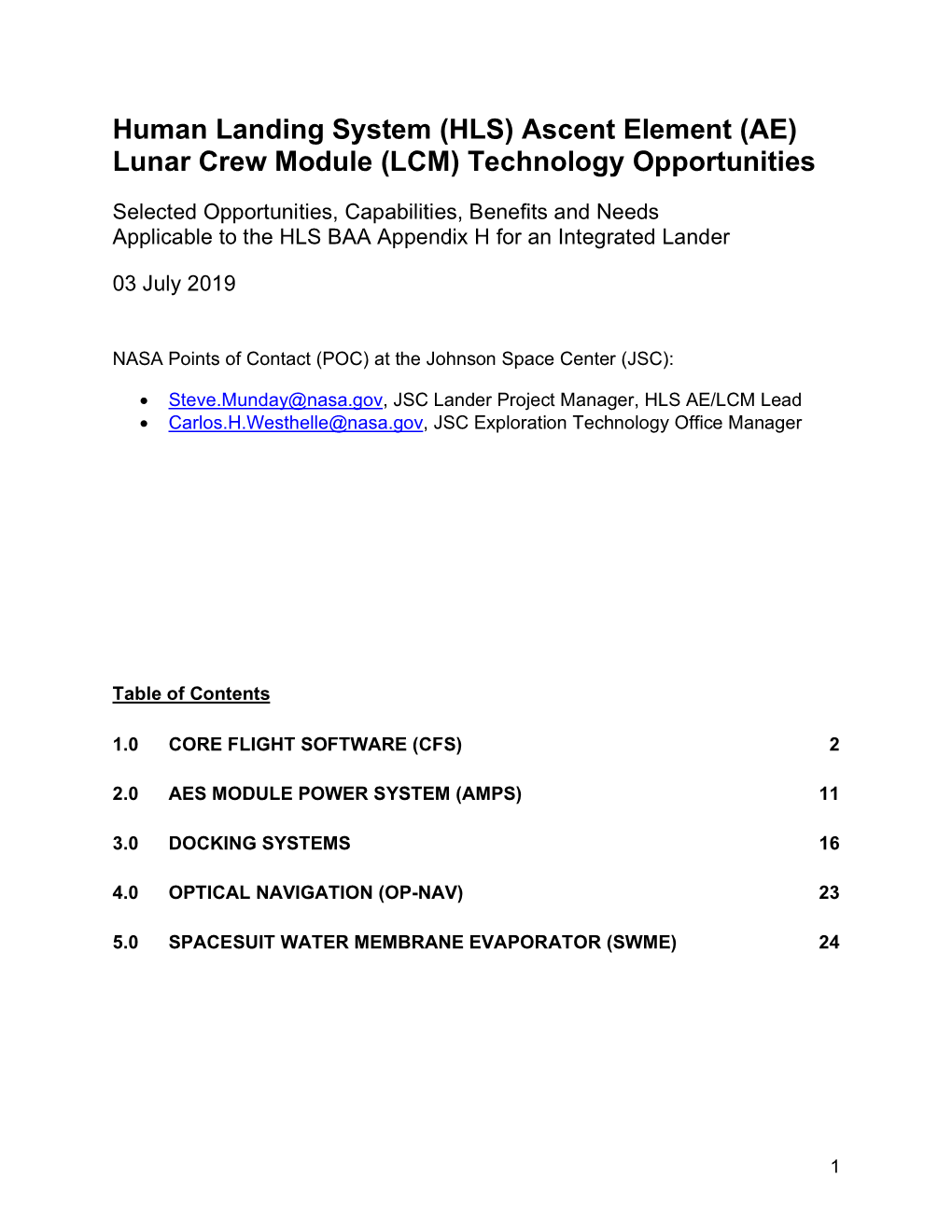 (HLS) Ascent Element (AE) Lunar Crew Module (LCM) Technology Opportunities