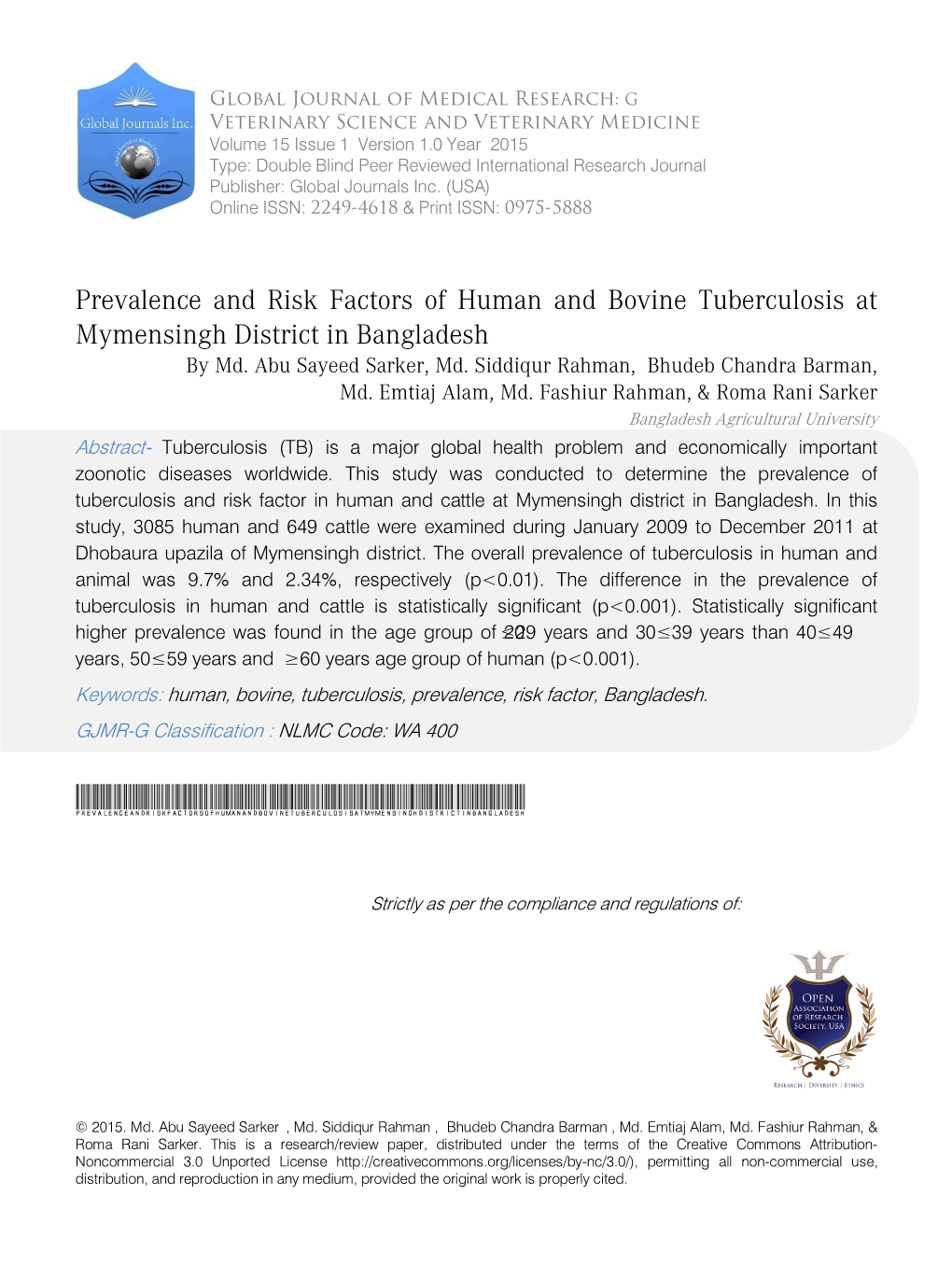 Prevalence and Risk Factors of Human and Bovine Tuberculosis at Mymensingh District in Bangladesh by Md