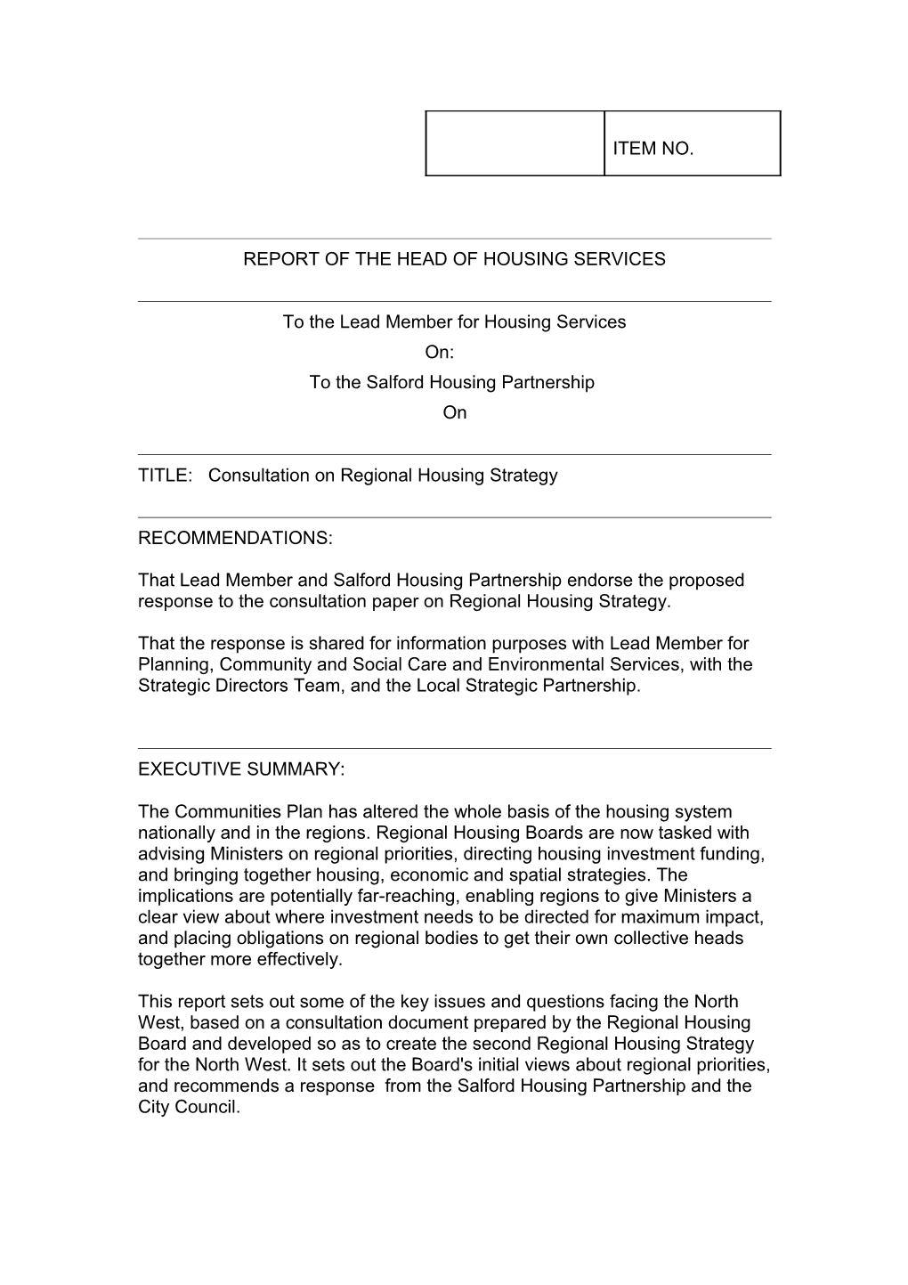 Report of the Head of Housing Services