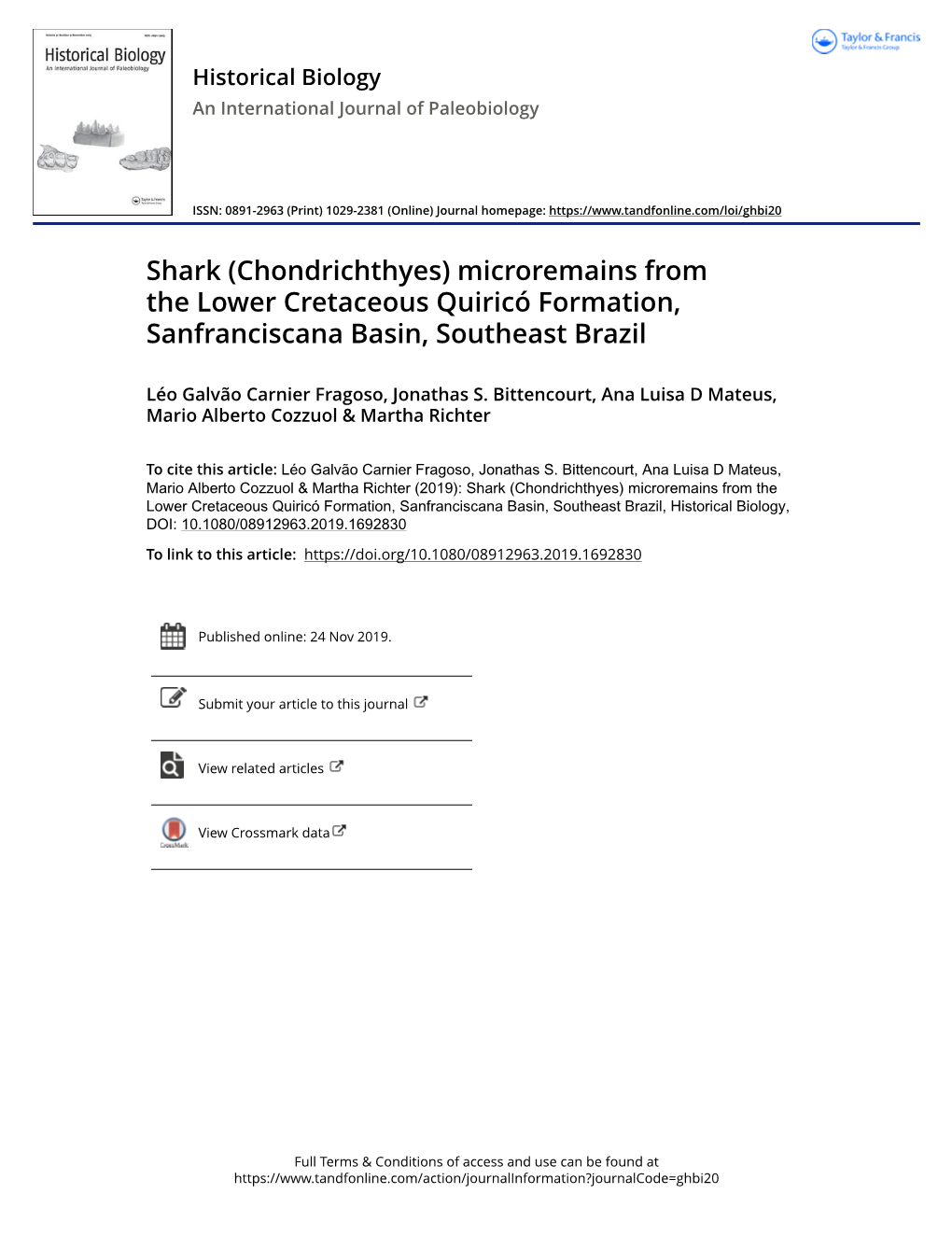 Shark (Chondrichthyes) Microremains from the Lower Cretaceous Quiricó Formation, Sanfranciscana Basin, Southeast Brazil