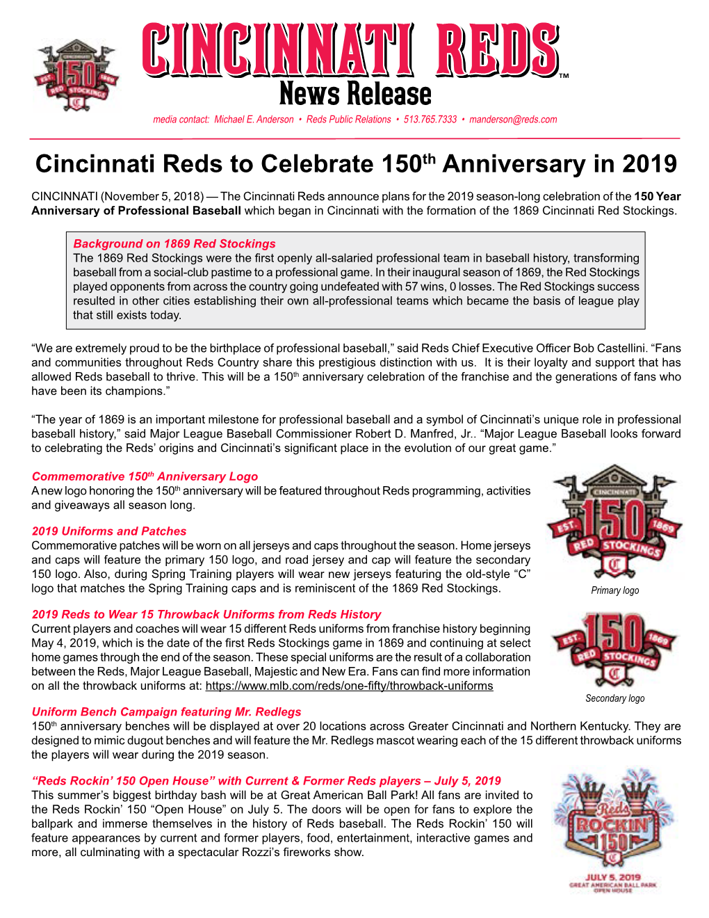 Cincinnati Reds to Celebrate 150Th Anniversary in 2019