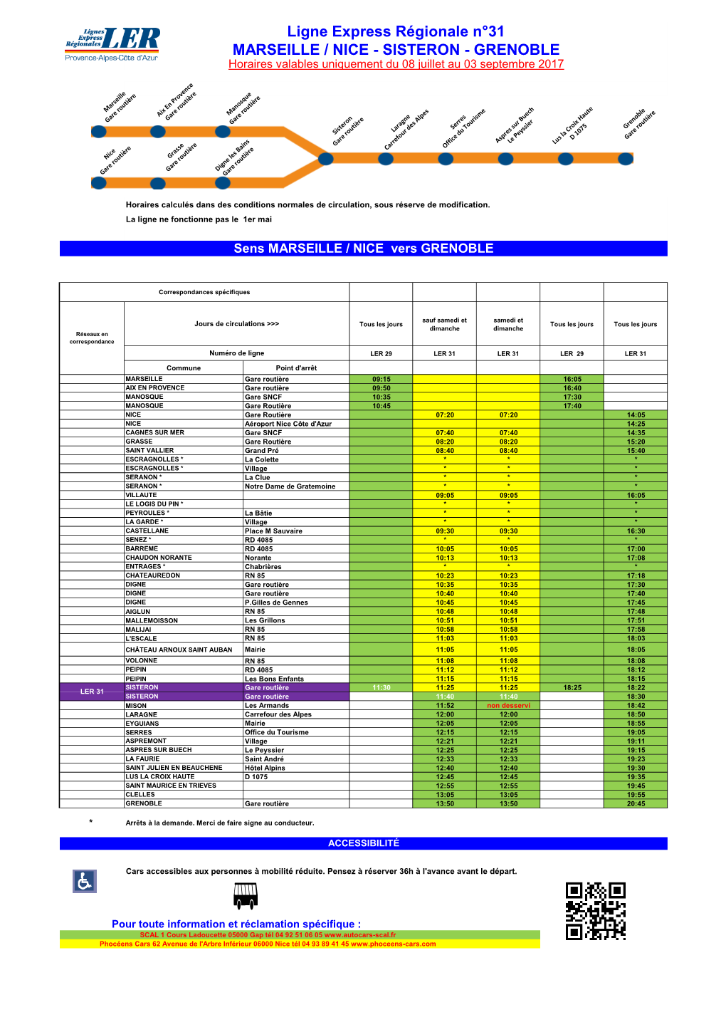 Ligne Express Régionale N°31 MARSEILLE / NICE - SISTERON - GRENOBLE Horaires Valables Uniquement Du 08 Juillet Au 03 Septembre 2017