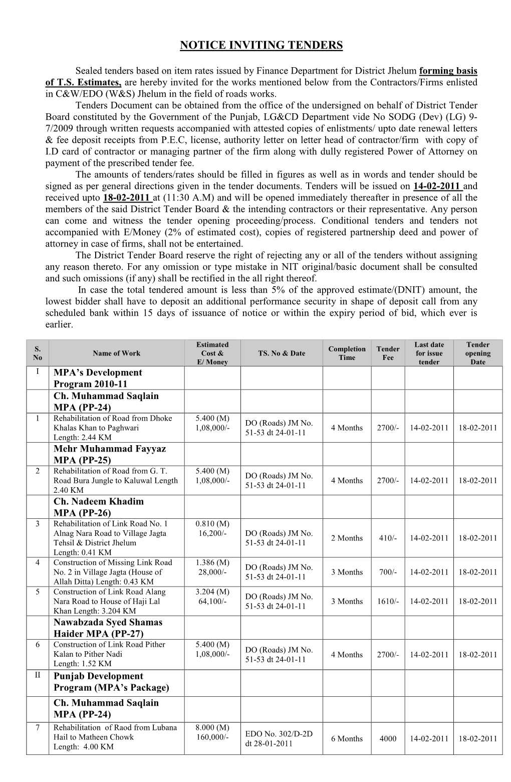 Notice Inviting Tenders