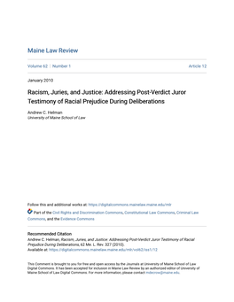 Racism, Juries, and Justice: Addressing Post-Verdict Juror Testimony of Racial Prejudice During Deliberations