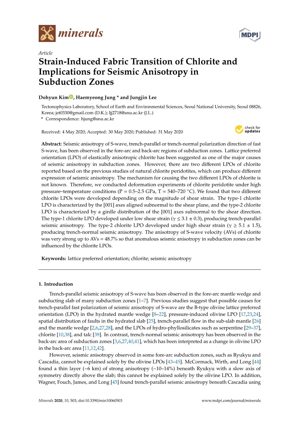 Strain-Induced Fabric Transition of Chlorite and Implications for Seismic Anisotropy in Subduction Zones