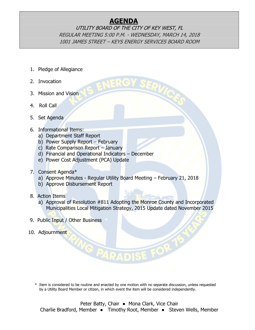 Agenda Utility Board of the City of Key West, Fl Regular Meeting 5:00 P.M