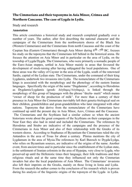 The Cimmerians and Their Toponyms in Asia Minor, Crimea and Northern Caucasus. the Case of Lygda in Lydia