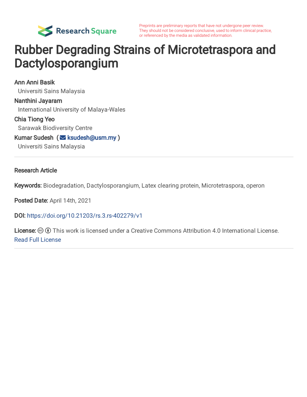 Rubber Degrading Strains of Microtetraspora and Dactylosporangium