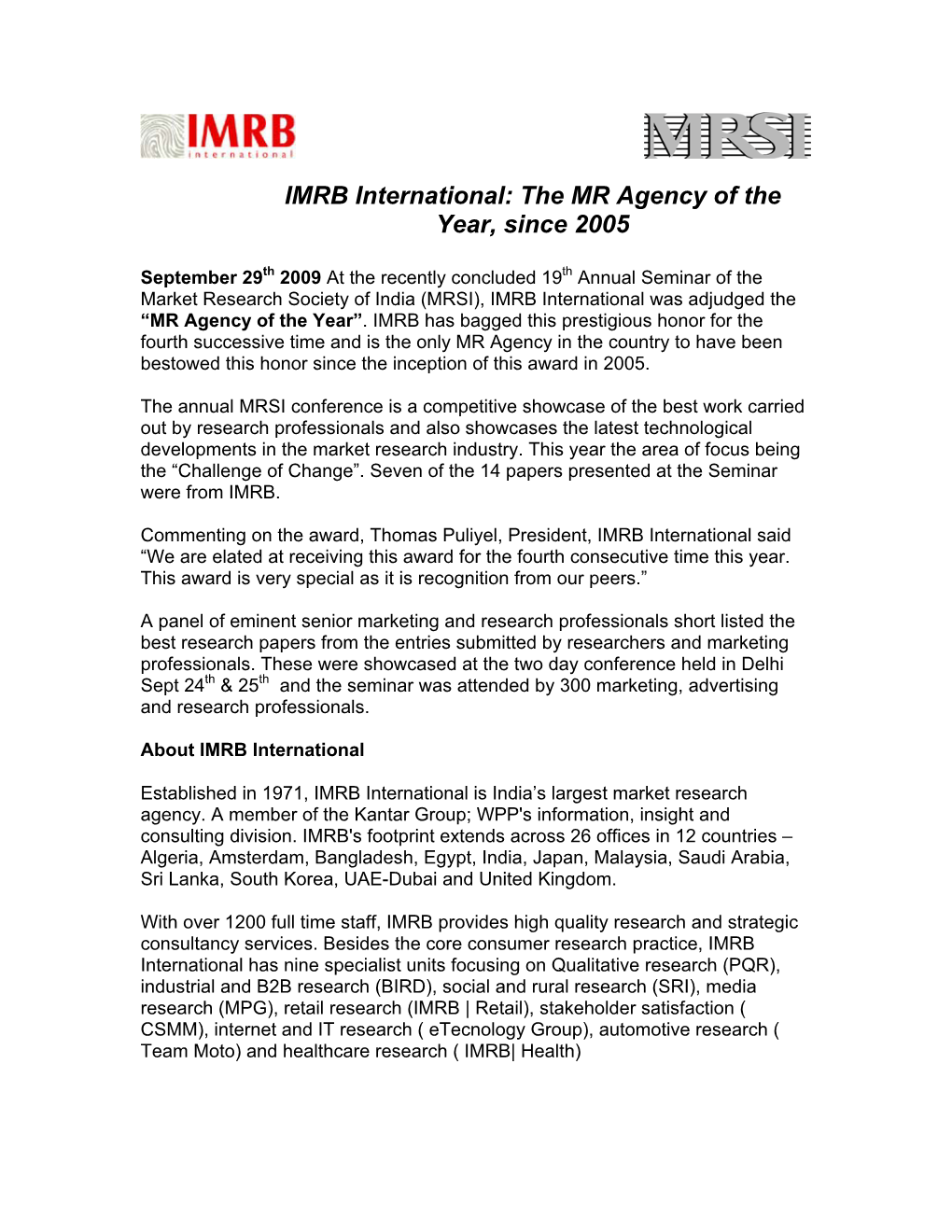 IMRB International: the MR Agency of the Year, Since 2005