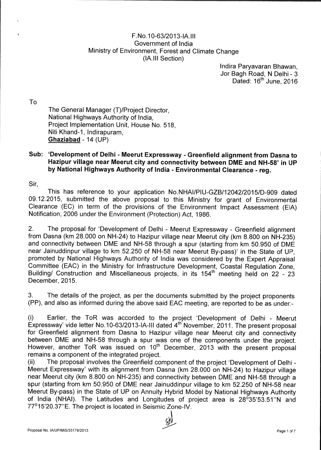 F.No.10-63/2013-IA.11I Government of India Ministry of Environment