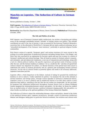 Manchin on Lepenies, 'The Seduction of Culture in German History'