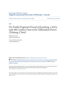 On Textile Fragments Found at Karadong, a 3Rd to Early 4Th Century Oasis in the Taklamakan Desert (Xinjiang, China) Sophie Desrosiers Sophie.Desrosiers@Ehess.Fr