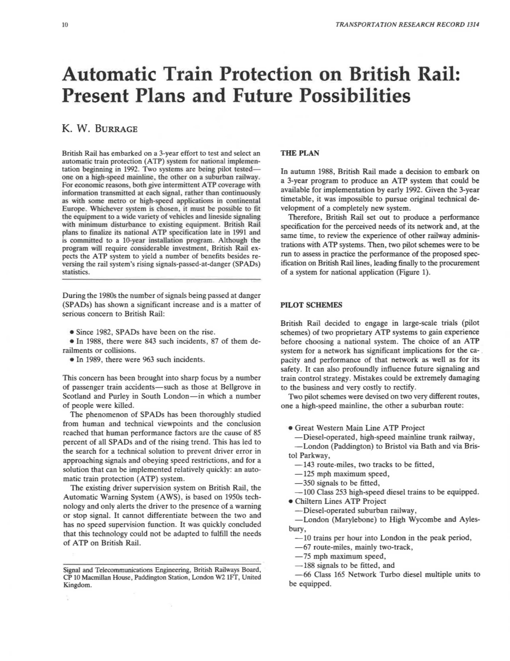 Automatic Train Protection on British Rail: Present Plans and Future Possibilities