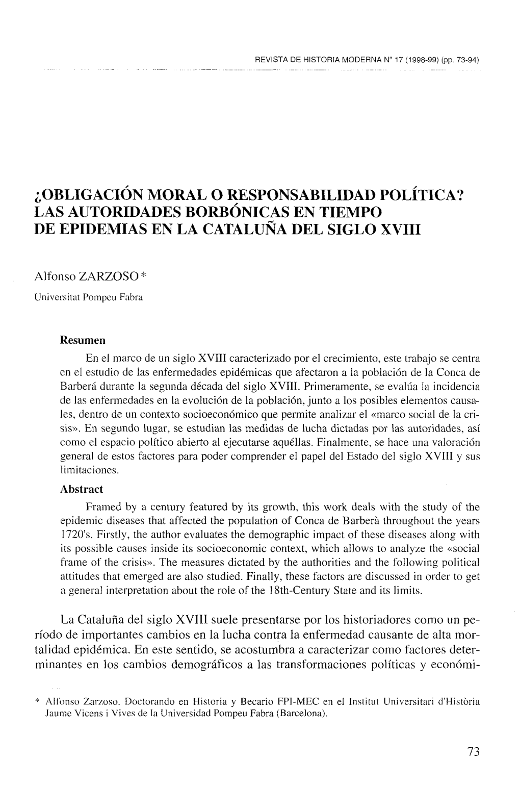 Las Autoridades Borbónicas En Tiempo De Epidemias En La Cataluña Del Siglo Xviii