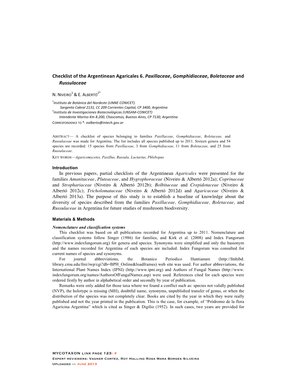 Checklist of the Argentinean Agaricales 6. Paxillaceae, Gomphidiaceae, Boletaceae and Russulaceae