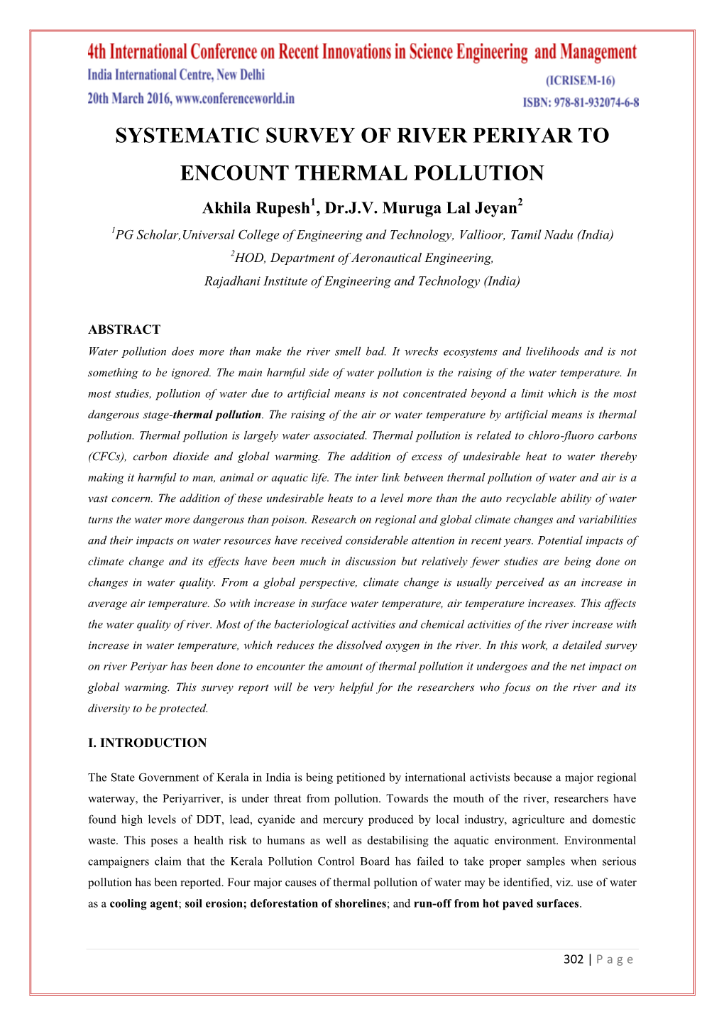 SYSTEMATIC SURVEY of RIVER PERIYAR to ENCOUNT THERMAL POLLUTION Akhila Rupesh1, Dr.J.V