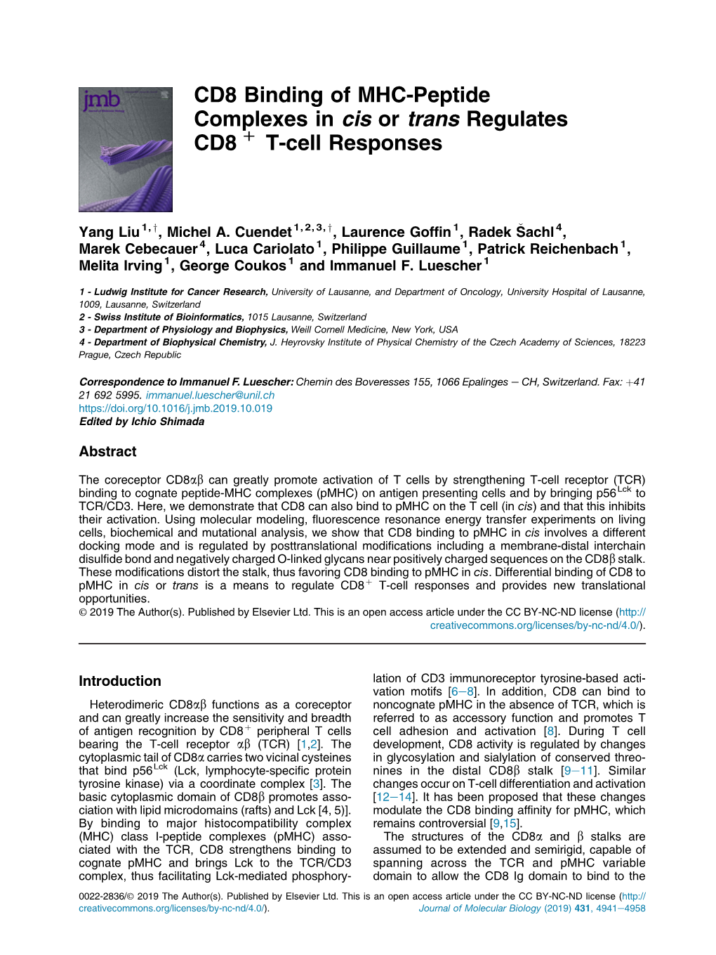 CD8 Binding of MHC-Peptide Complexes in Cis Or Trans Regulates CD8 D T-Cell Responses