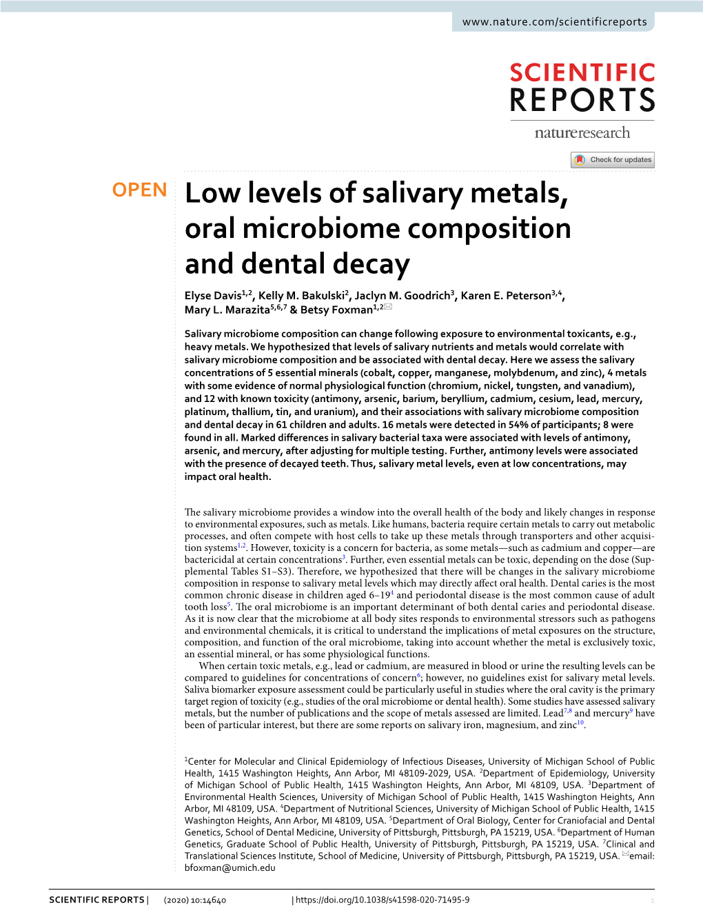 Low Levels of Salivary Metals, Oral Microbiome Composition and Dental Decay Elyse Davis1,2, Kelly M