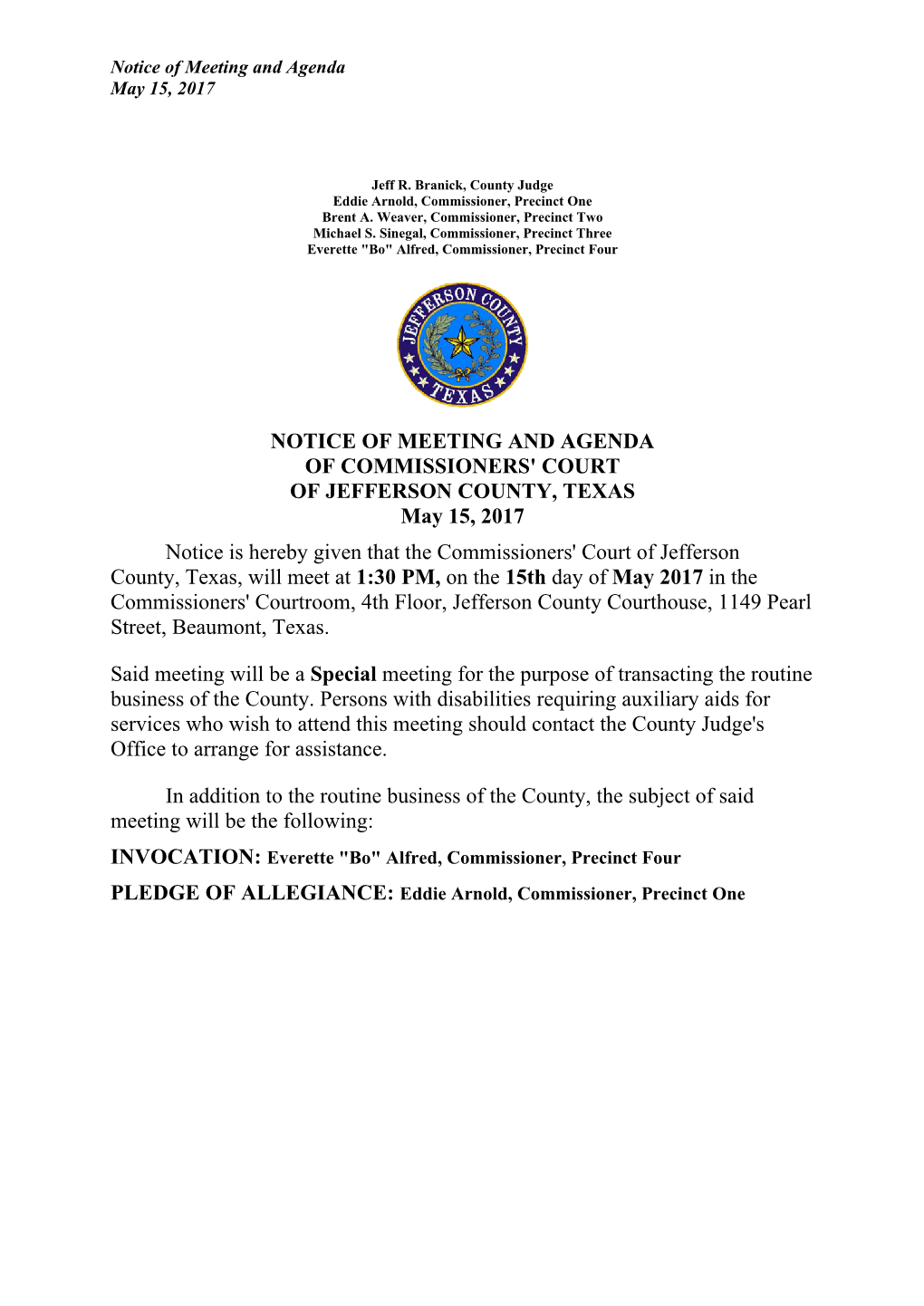 Notice of Meeting and Agenda of Commissioners' Court Of