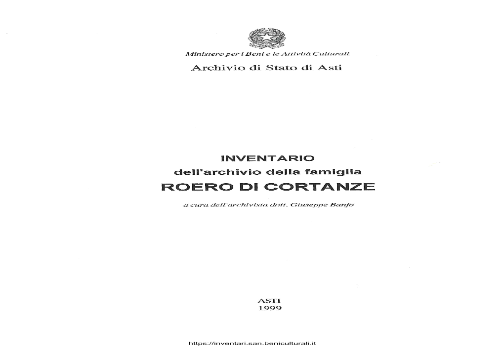 Inventario Dell'archivio Della Famiglia Roero Di Cortanze