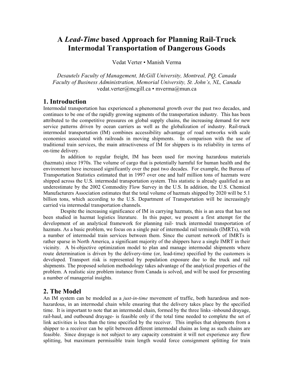 A Lead-Time Based Approach for Planning Rail-Truck Intermodal Transportation of Dangerous Goods