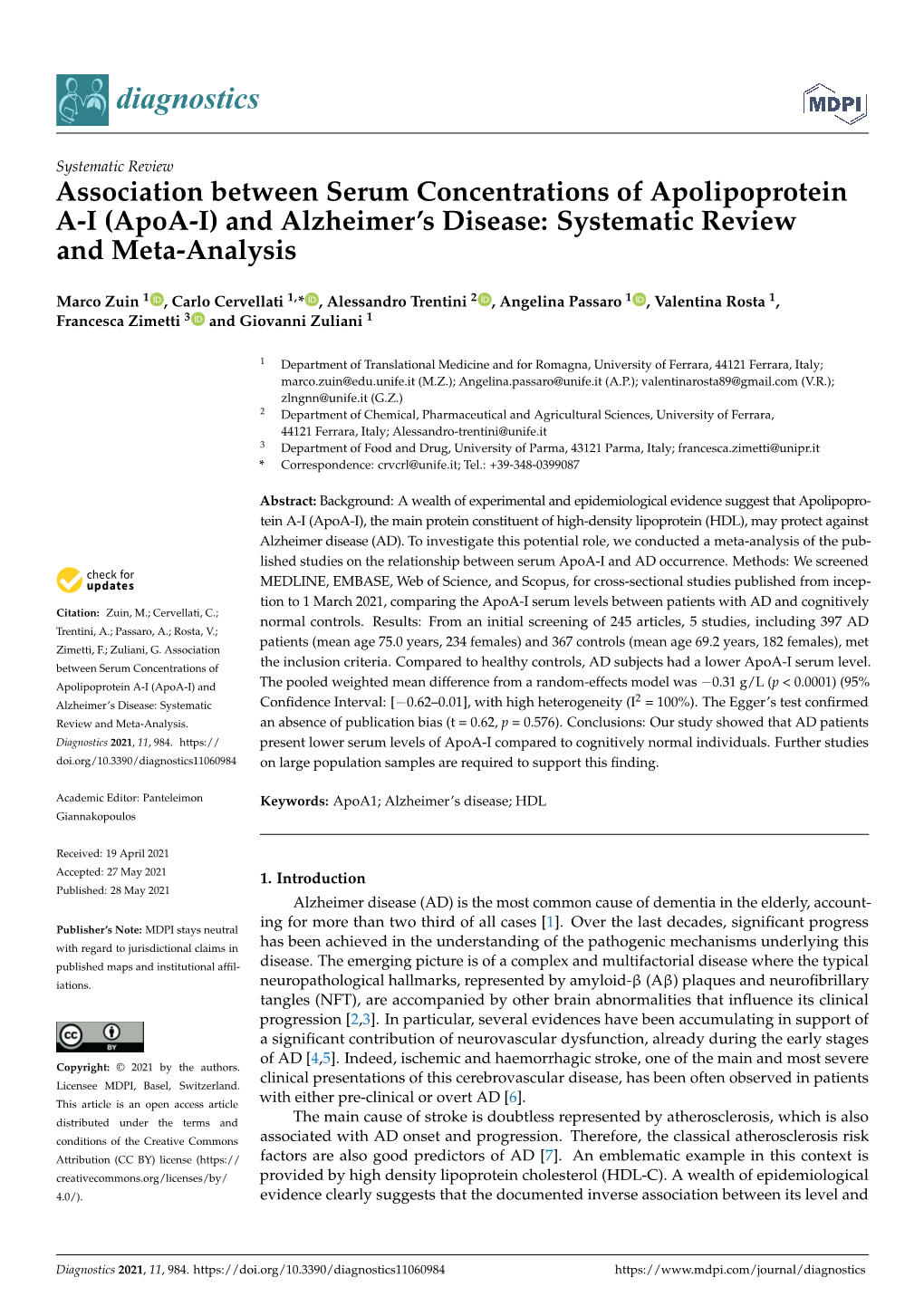 Association Between Serum Concentrations of Apolipoprotein A-I (Apoa-I) and Alzheimer's Disease: Systematic Review and Meta-An