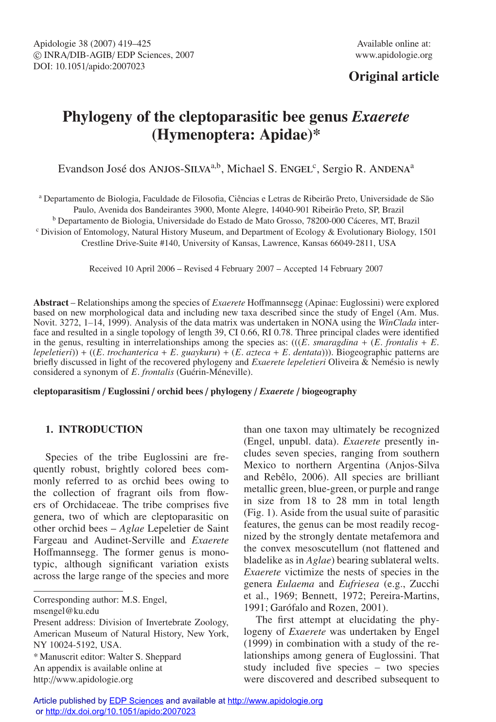 Phylogeny of the Cleptoparasitic Bee Genus Exaerete (Hymenoptera: Apidae)*