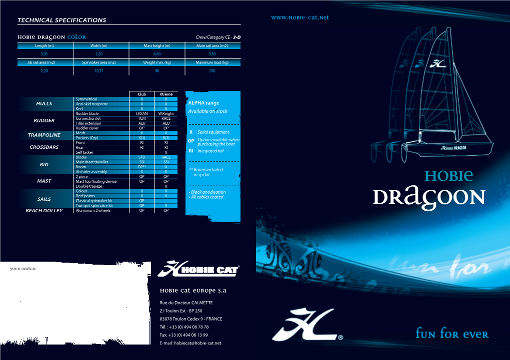 Hobie Dragoon Color Crew/Category CE - 3-D Length (M) Width (M) Mast Height (M) Main Sail Area (M2) 3,91 2,20 6,40 9,50