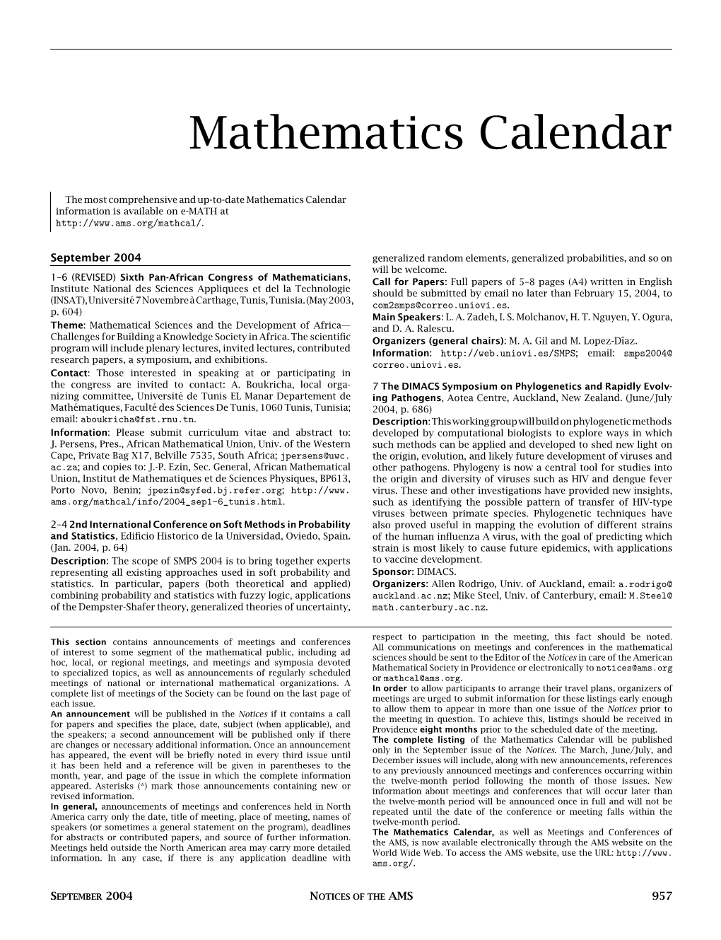 Mathematics Calendar