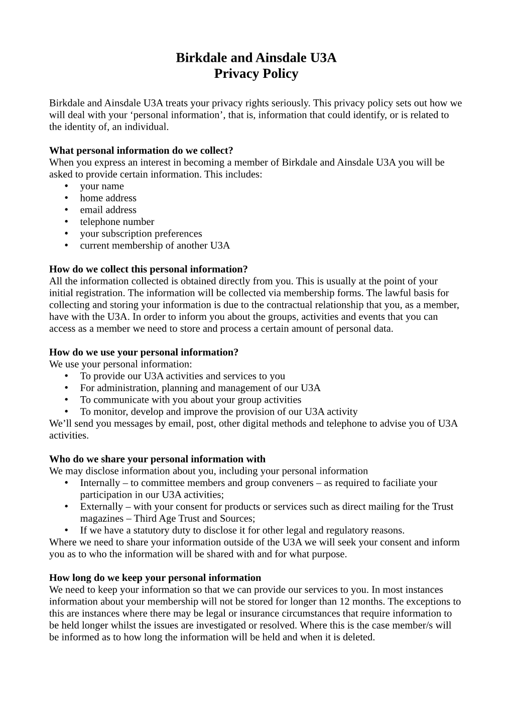 Birkdale and Ainsdale U3A Privacy Policy