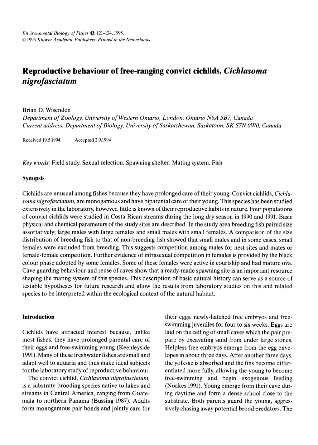 Reproductive Behaviour of Free-Ranging Convict Cichlids, &lt;Emphasis Type="Italic"&gt;Cichlasoma Nigrofasciatum &lt;